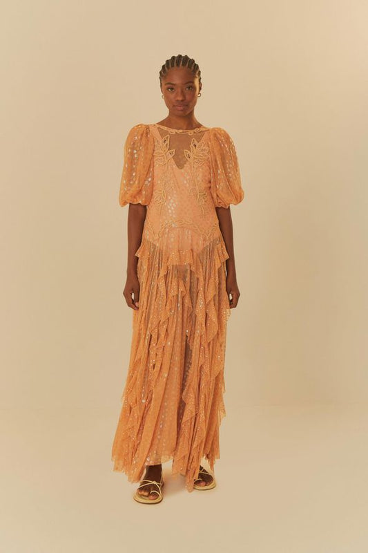 vestido longo babado tule